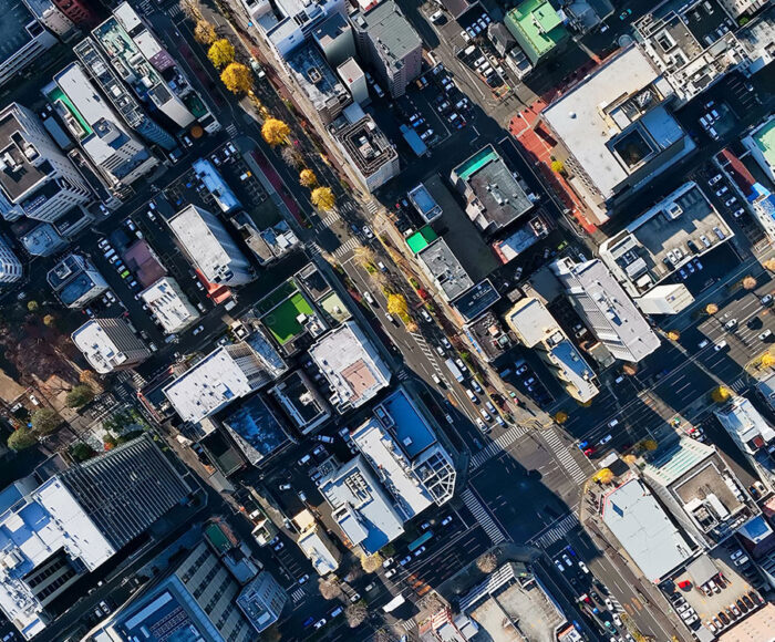 Aerial view of a city grid.