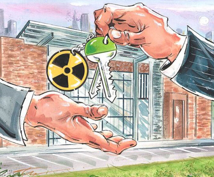 Illustration of two hands - businessman handing toxic key to another