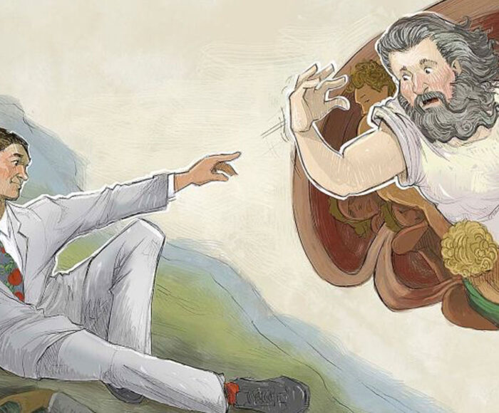 Illustration of Michelangelo's "The Creation of Adam" with Adam replaced with a businesman and God afraid to touch him.